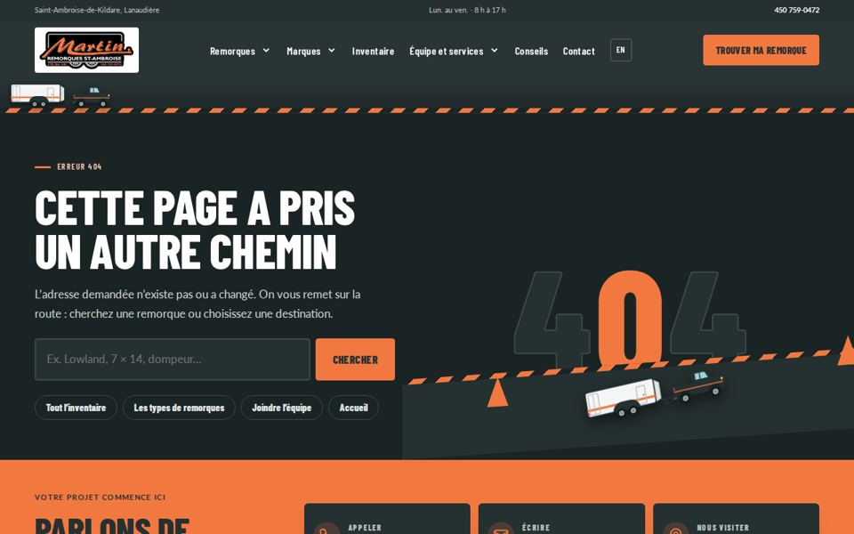 La page 404 avec la remorque sortie de la route