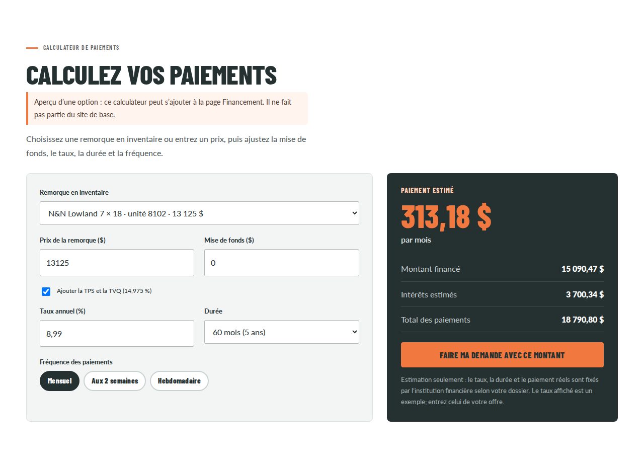 Le calculateur de paiements sur la page Financement, avec une N&N Lowland de l’inventaire