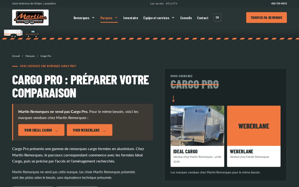 La page Cargo Pro : Martin Remorques ne vend pas cette marque et propose Ideal Cargo et Weberlane