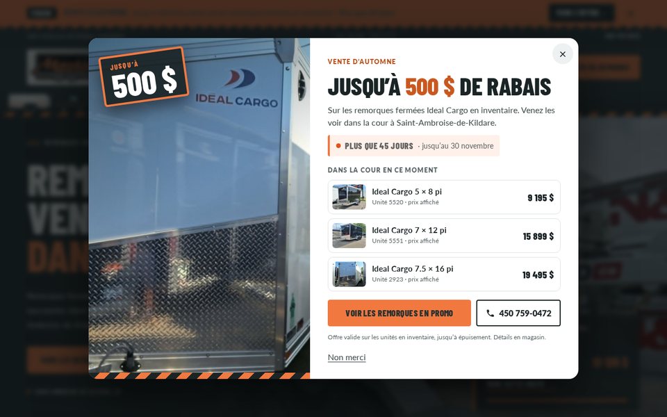 La fenêtre de promotion avec la barre promo en haut du site